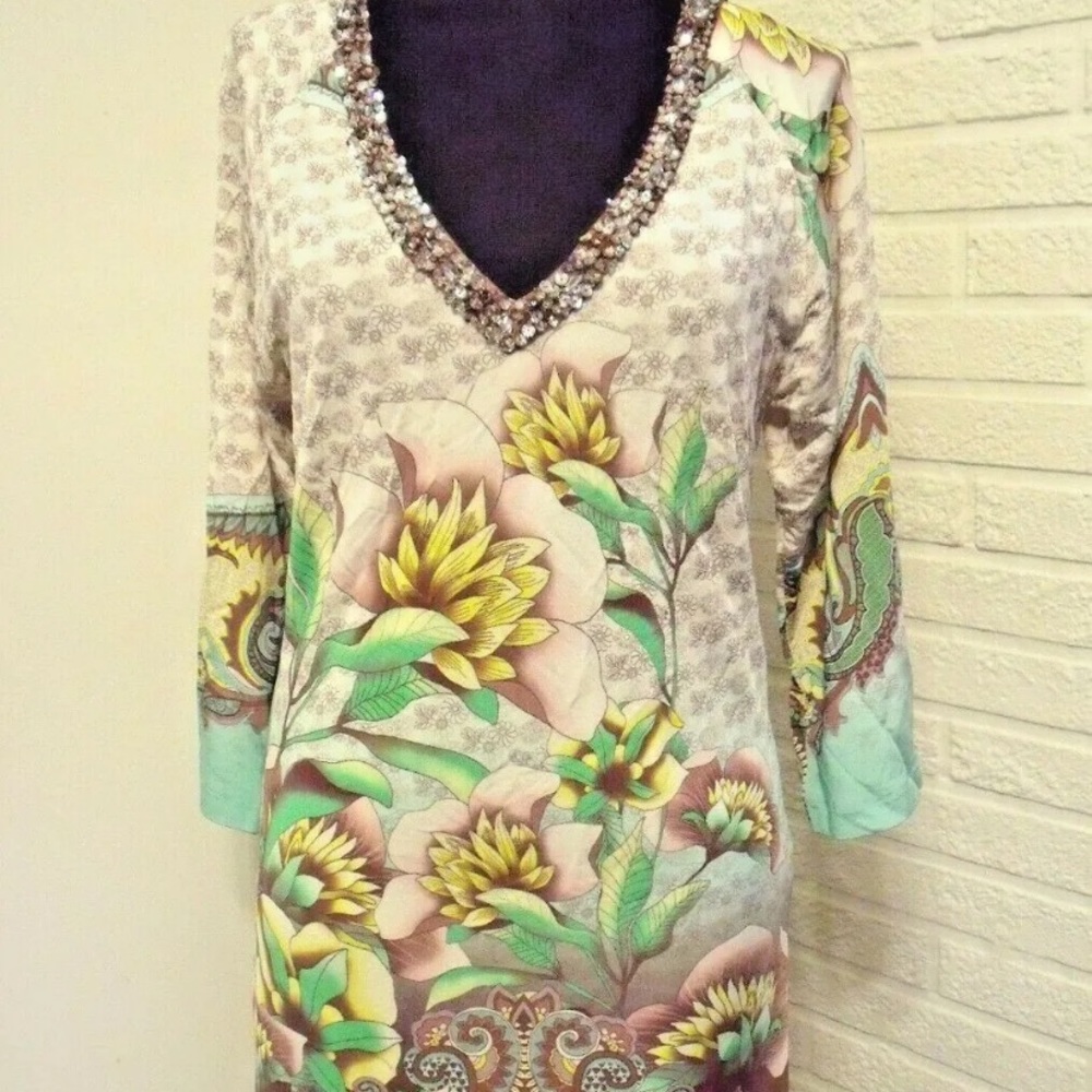 Ana Alcazar Jeweled Neck Floral Paisley Knit Dress - size 38 EU - US Small